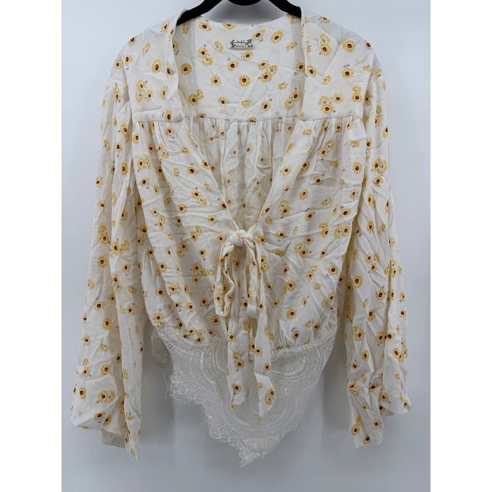 Intimately Free People Sunflower Print Tie Front Lace Bodysuit Cream XS